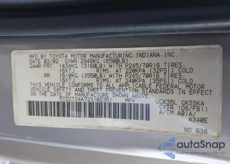2002 Toyota Sequoia Sr5 V8 z USA, uszkodzony, nr VIN 5TDZT34A72S102351